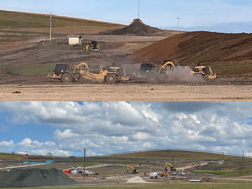 A split image showing the progress of land clearing on the side of a highway.