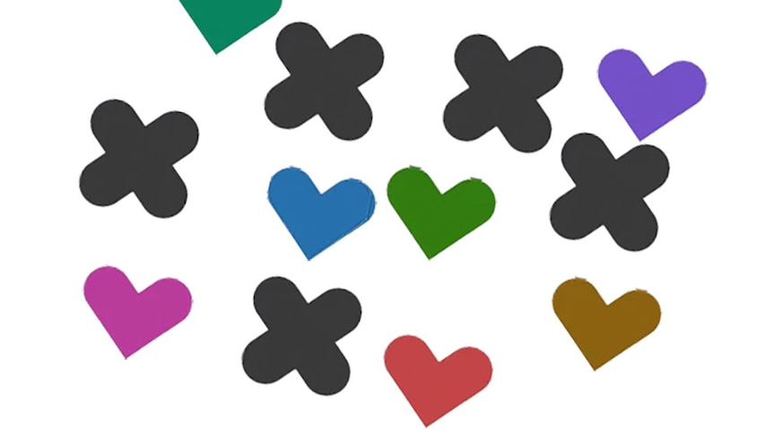 An illustration shows rainbow hearts and grey crosses in an asymmetrical pattern.