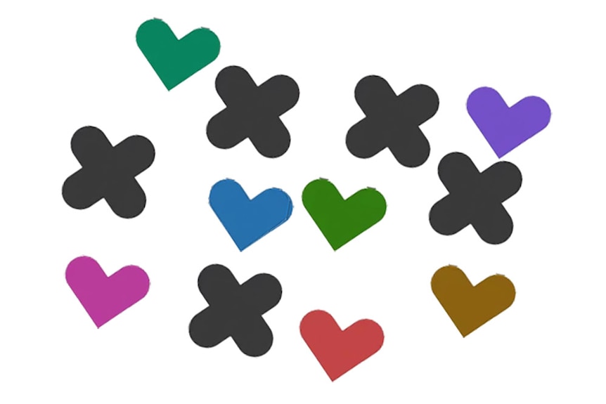 An illustration shows rainbow hearts and grey crosses in an asymmetrical pattern.