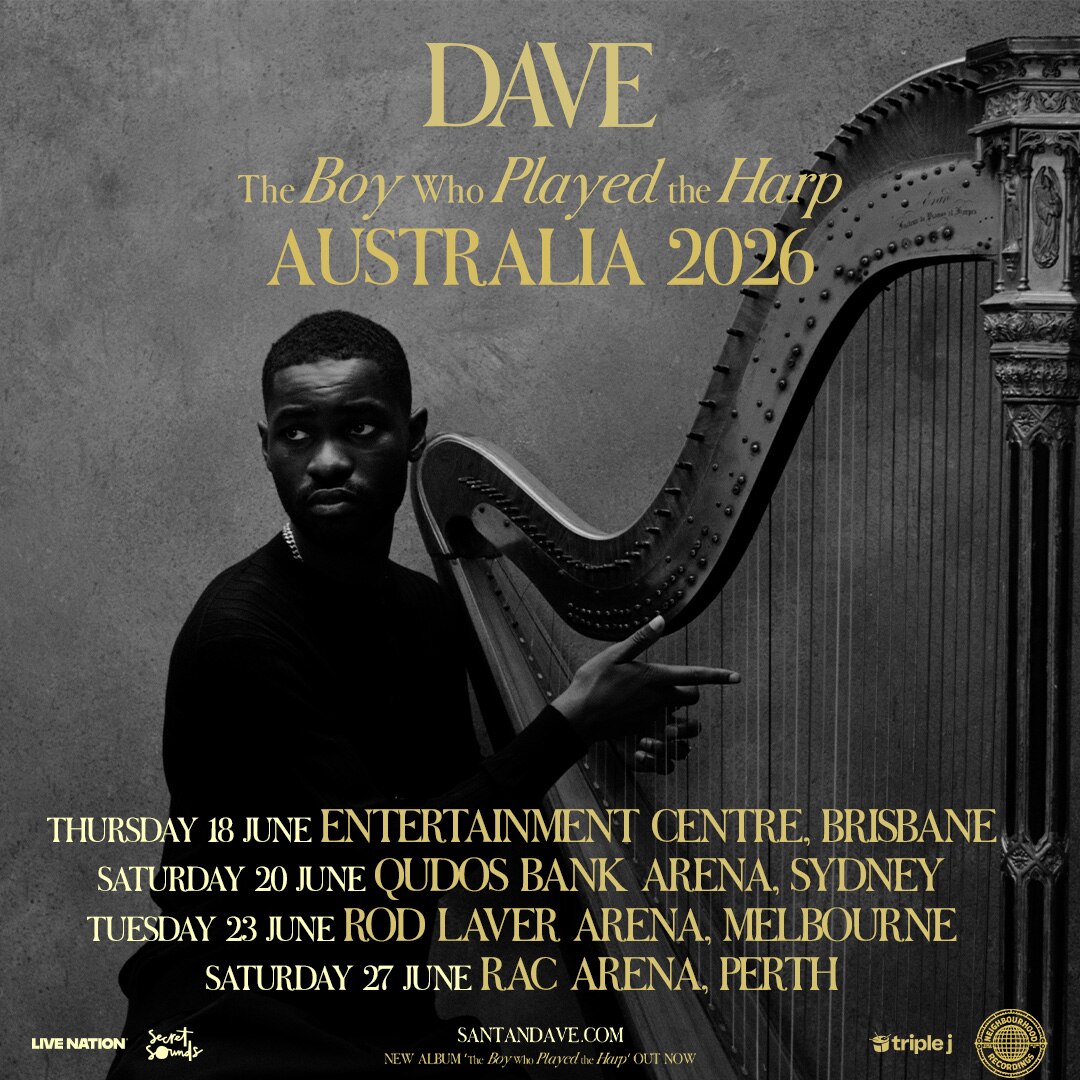 Darkened black and white photo of a man in a long sleeve jumper at a harp. Yellow text details Dave's Australian tour dates