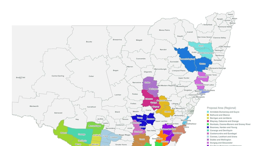 A map showing proposed council mergers in regional New South Wales.