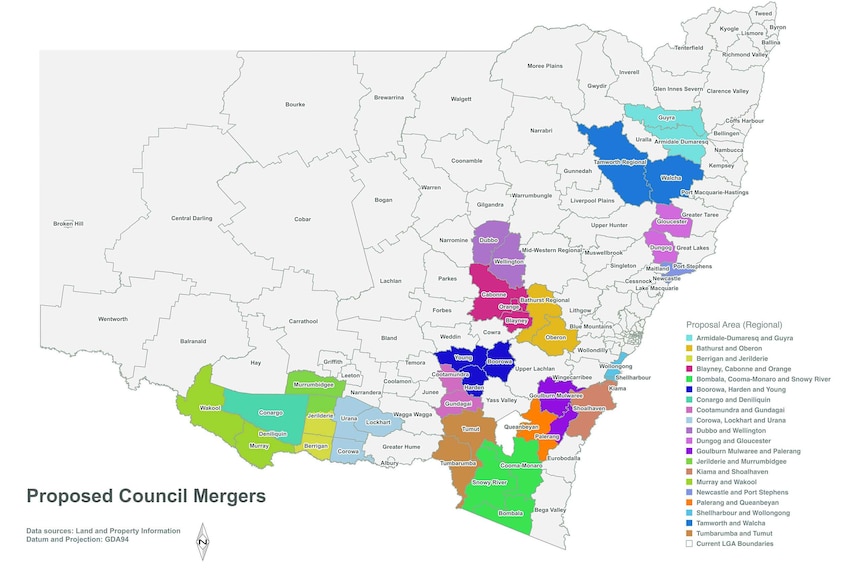 A map showing proposed council mergers in regional New South Wales.