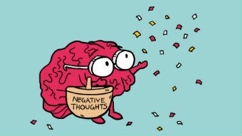 Illustration of a brain throwing negative thoughts from basket into the air