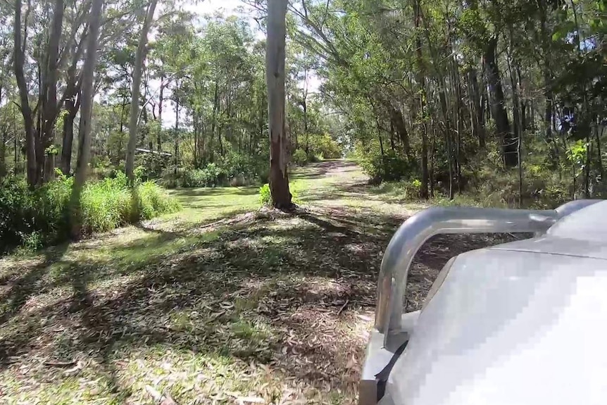 The front of a white four-wheel drive vehicle on an unsealed road in lush countryside on sunny day.