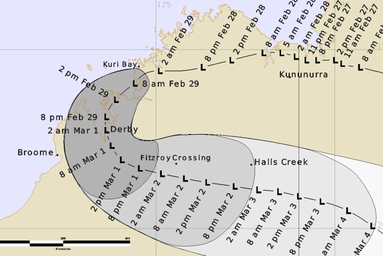 Tropical low track map showing system looping around the Kimberley.