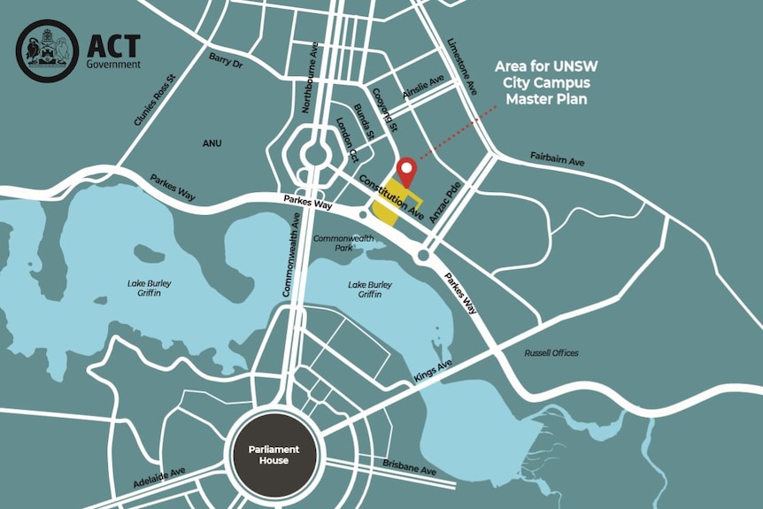 Map of Canberra's city centre, identifying the location for a new UNSW campus on Constitution Avenue.