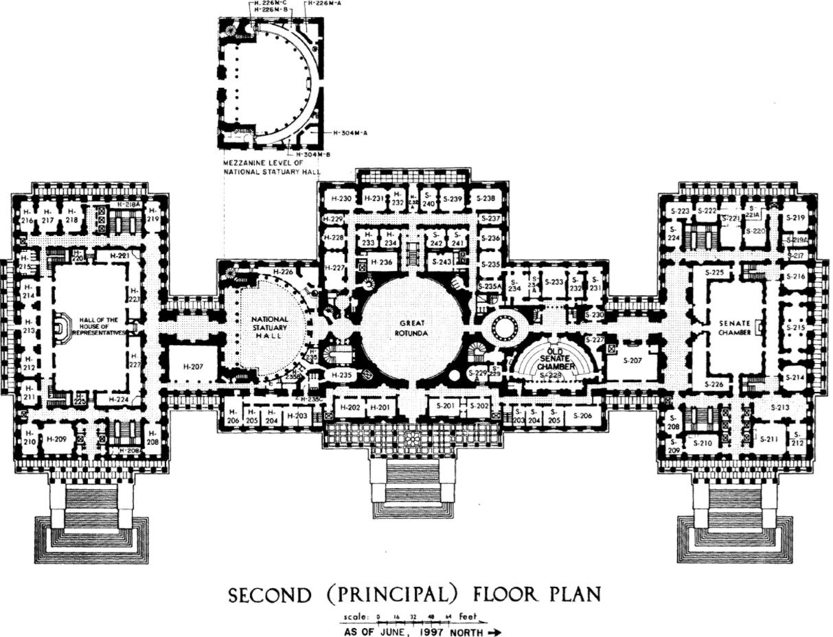 A back and white floor plan of the US Capitol building.