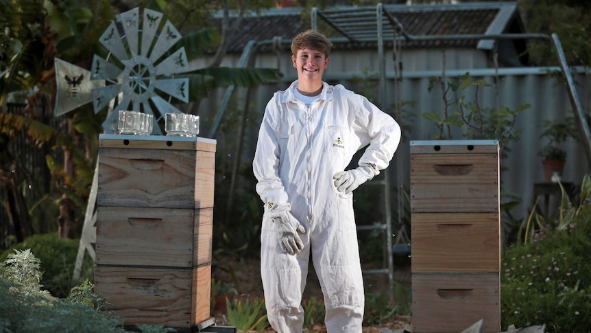 young man dressed in beekeeping protective clothing stands in front of bee hives.