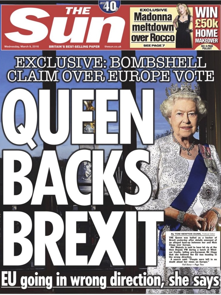 The front page of British newspaper The Sun featuring a story titled 'Queen backs Brexit'