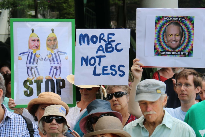 Supporters of the ABC rally outside its Brisbane South Bank office.