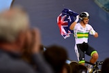 Australia's Sam Welsford celebrates after win in men's team pursuit at world track championships.