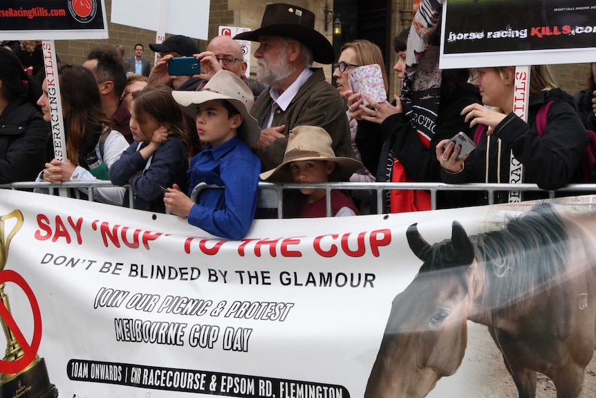 Animal activists at the 2017 Melbourne Cup parade.
