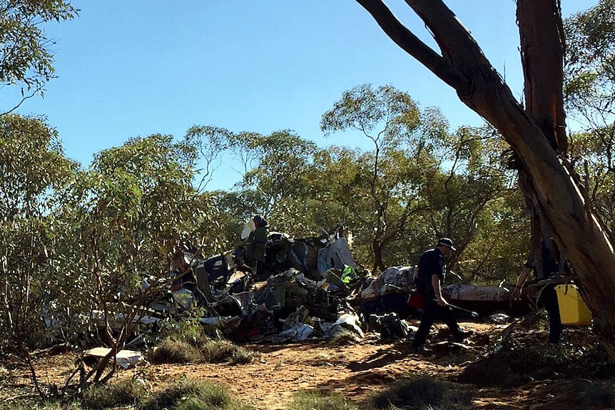 Wreckage of the Rossair plane in scrubland west of Renmark Airport.