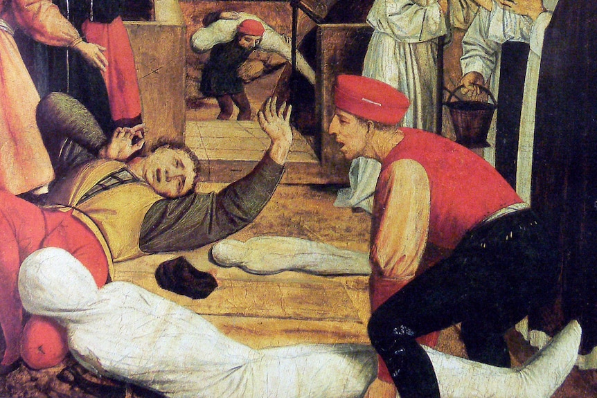 An illustration of people suffering and a dead body during a plague.