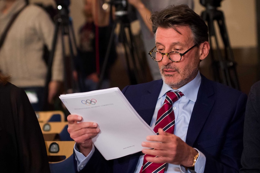 IAAF president Sebastian Coe at a press conference regarding a report into alleged corruption and doping