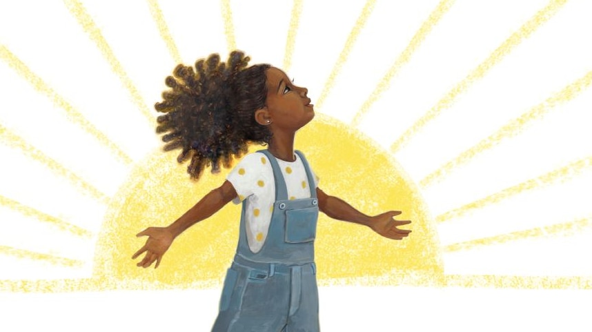 An illustration from a kid's book featuring a young black girl with big hair standing in front of a sun