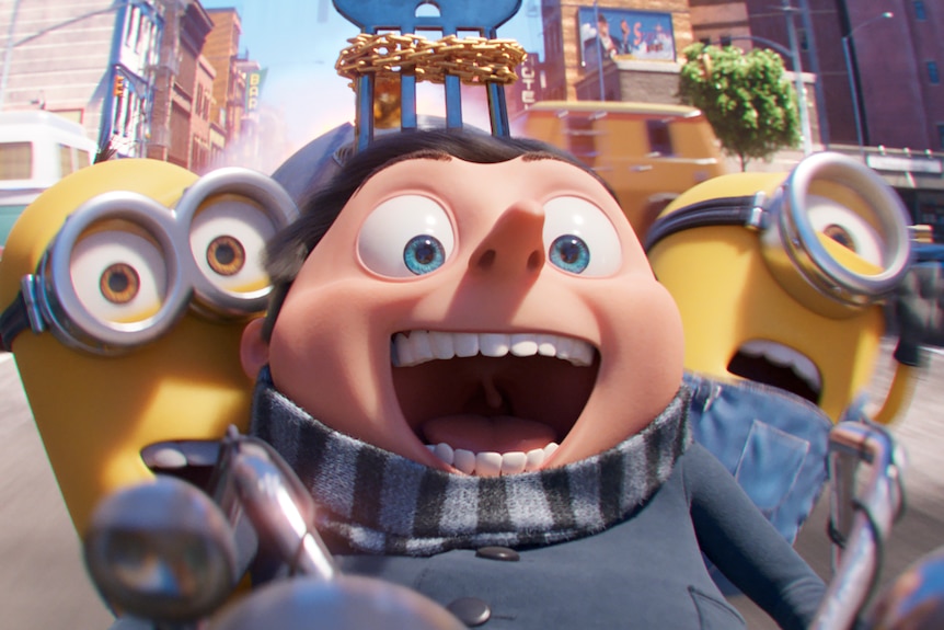 Gru rides of a motorbike with two minions. They're all smiling widely. 