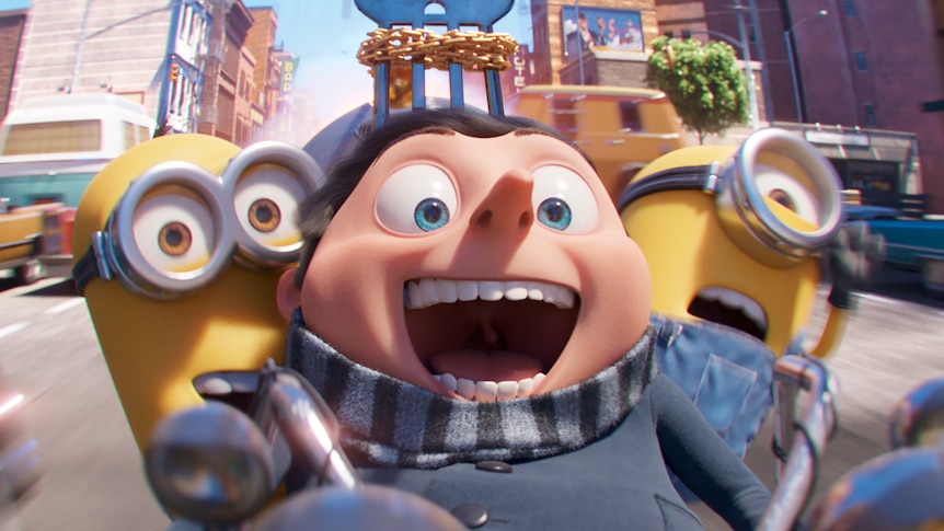 Gru rides of a motorbike with two minions. They're all smiling widely. 