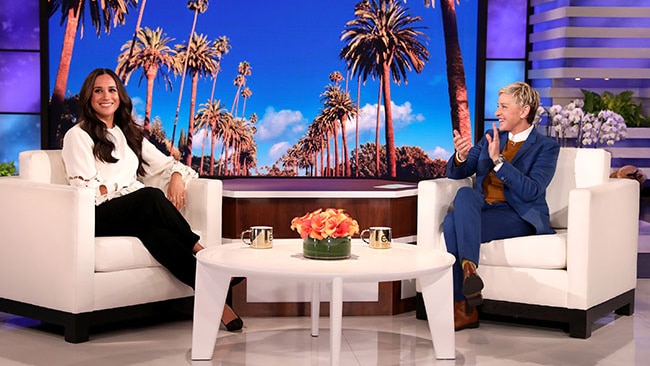 Meghan Markle and Ellen Degeneres sitting in chairs on the set of Ellen's talk show