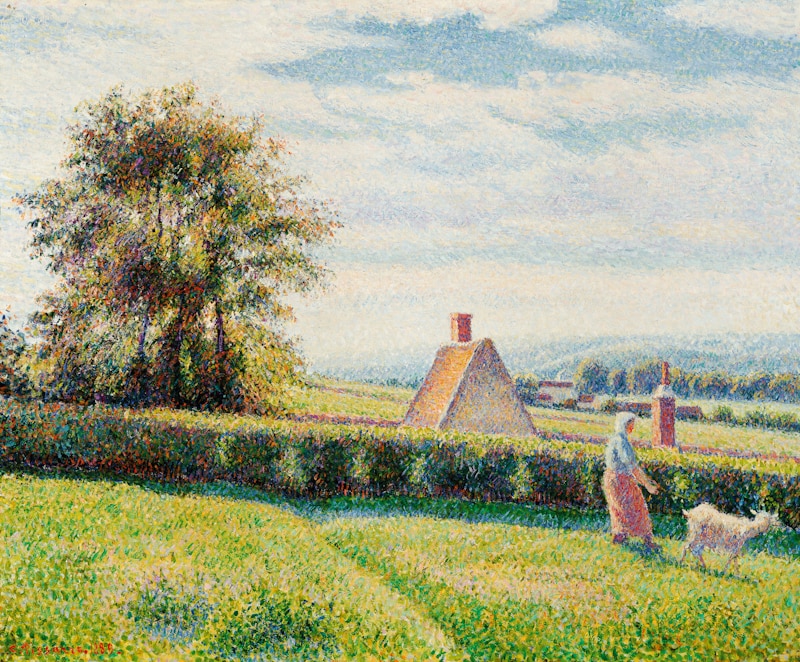 Impressionist-style landscape with pointillist brushwork, showing sunlight grass pasture and and woman with goat.