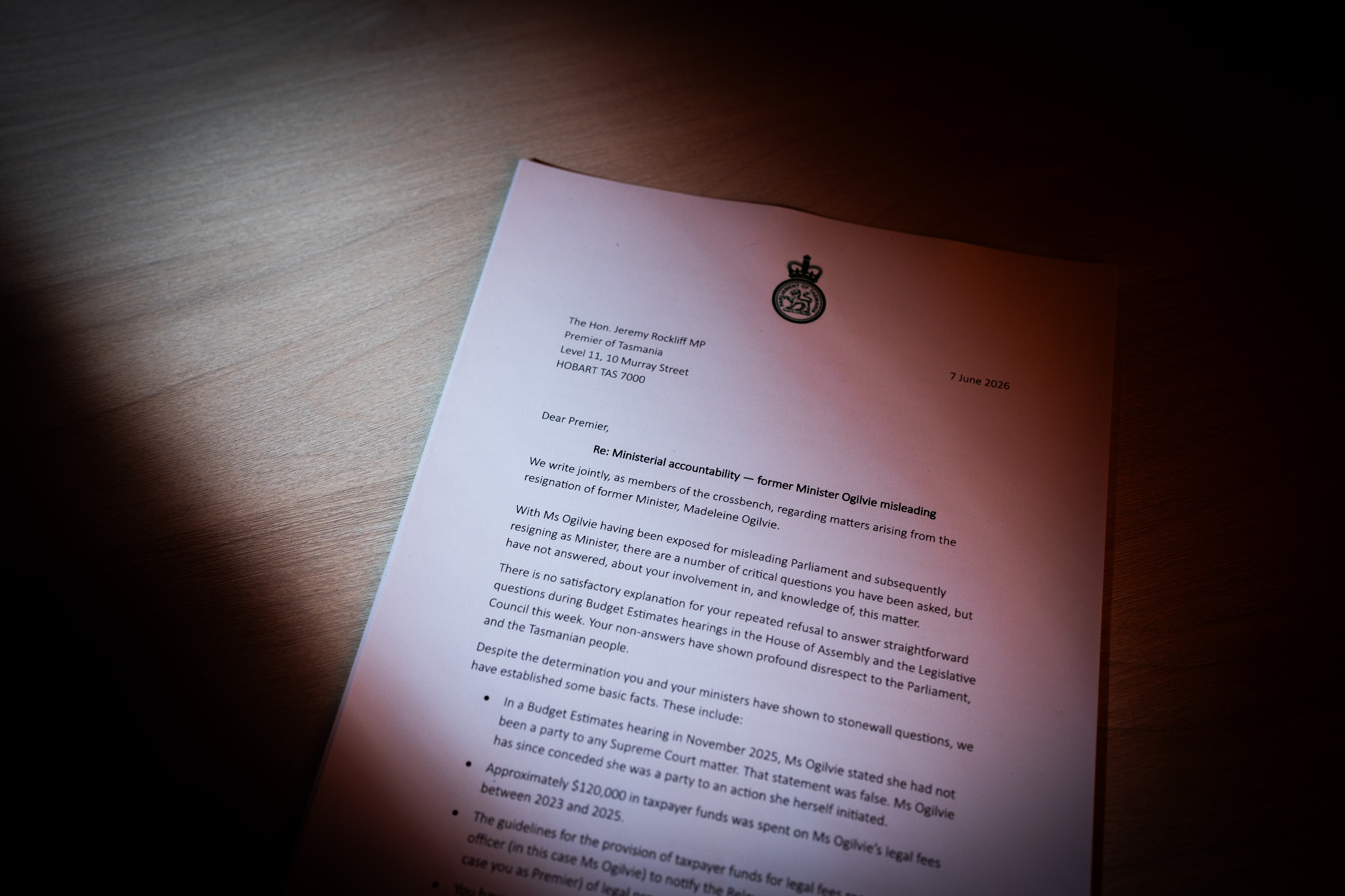 Joint letter from the Greens and the Independents to Premier Jeremy Rockliff 2026-06-08 10:06:00