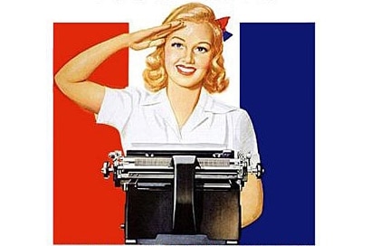 Girl saluting typewriterGirl