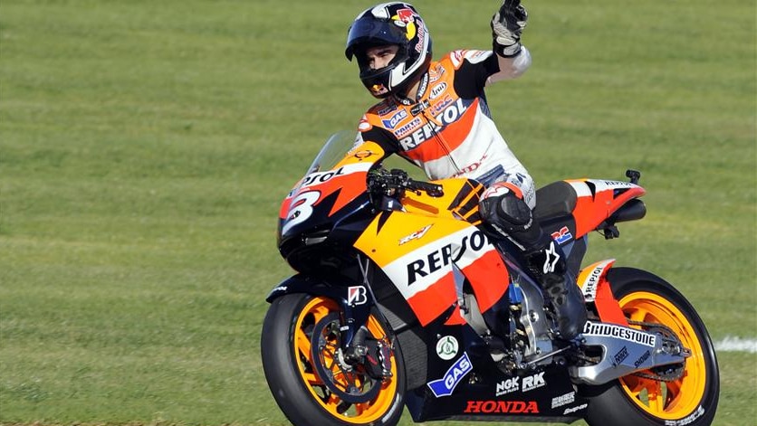 Home victory... Dani Pedrosa celebrates winning the Valencia MotoGP.