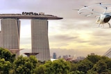An illustration showing a flying taxi heading toward Singapore's Marina Bay Sands