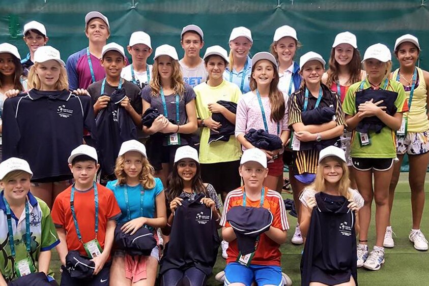 A group photo of the Top End ball boys and girls after their were handed their uniforms for the Davis Cup in Darwin