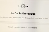 A screenshot of a website is shown showing the number of the people queuing up at over 100,000.