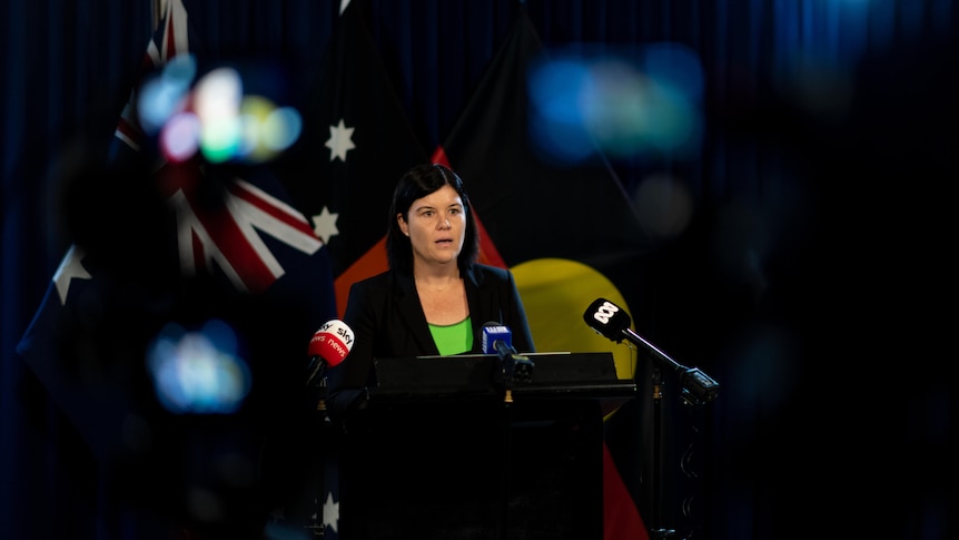 shadowed silhouettes around woman in green shirt and black blazer speaking at a lectern