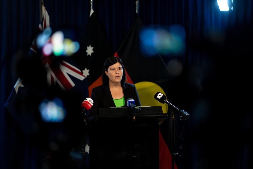 shadowed silhouettes around woman in green shirt and black blazer speaking at a lectern