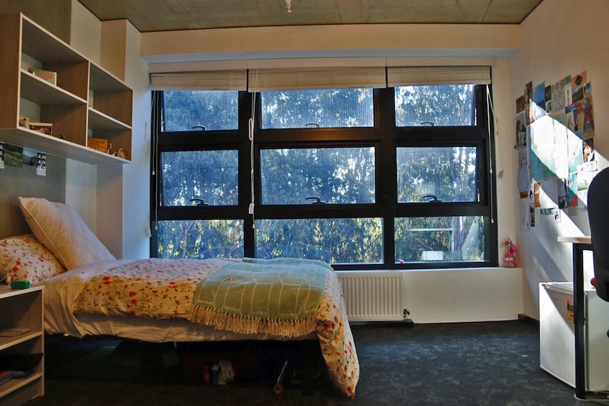 A bed, desk and fridge sit inside the SA5 accommodation building at the Australian National University.