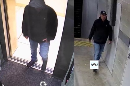 A composite image of four photos of the same man caught on CCTV wearing a dark hoodie and jeans.