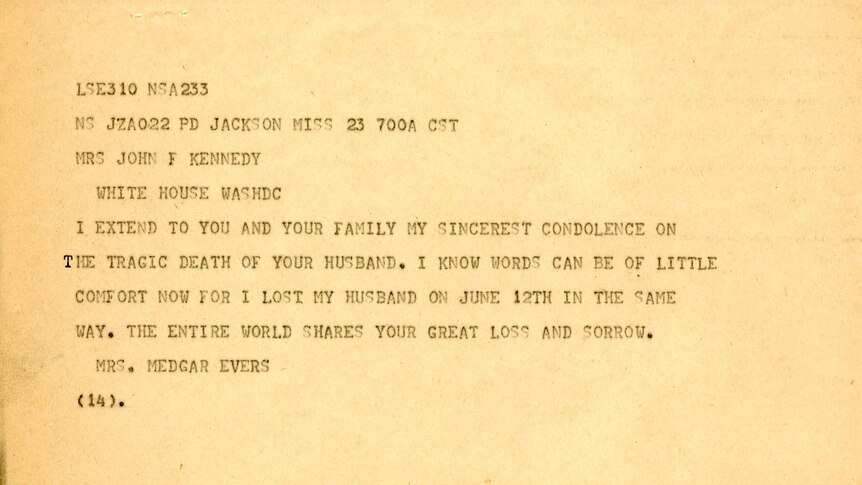 Condolence letter from Mrs Myrlie Evers to Jacqueline Kennedy