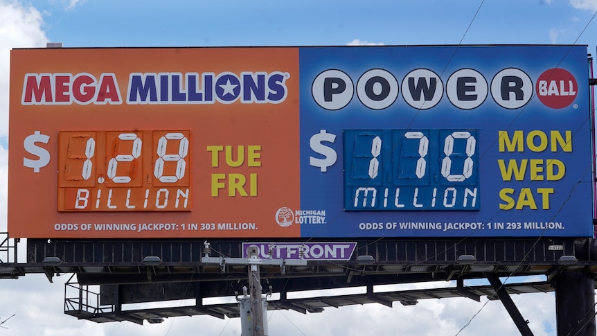 Orange and blue bulletin board showing potential winnings from lottery games.