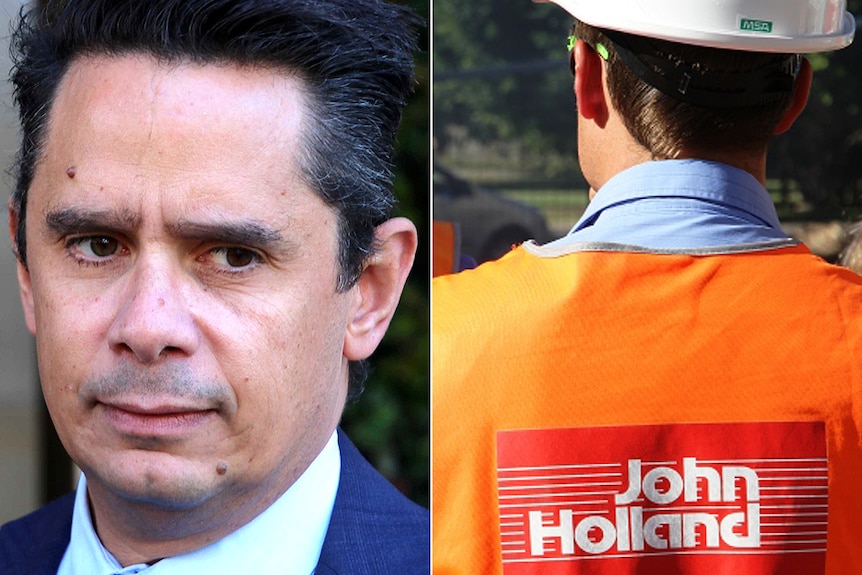 A headshot of Ben Wyatt next to a picture of a construction worker wearing a high vis John Holland vest.