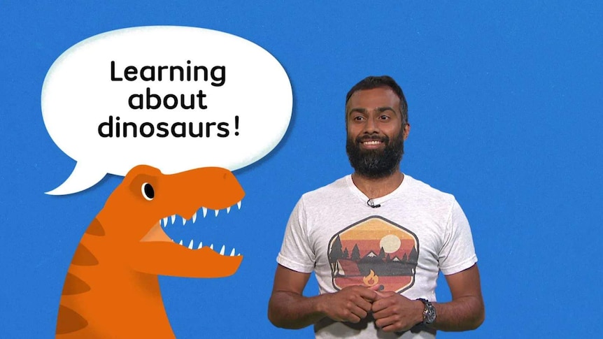 Dr Nij from the podcast 'Imagine This' with an animated dinosaur with a speech bubble with the text "Learning about dinosaurs".