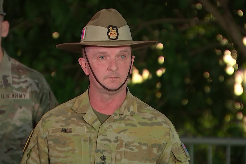 Talisman Sabre exercise director Brigadier Damian Hill addresses the media in uniform