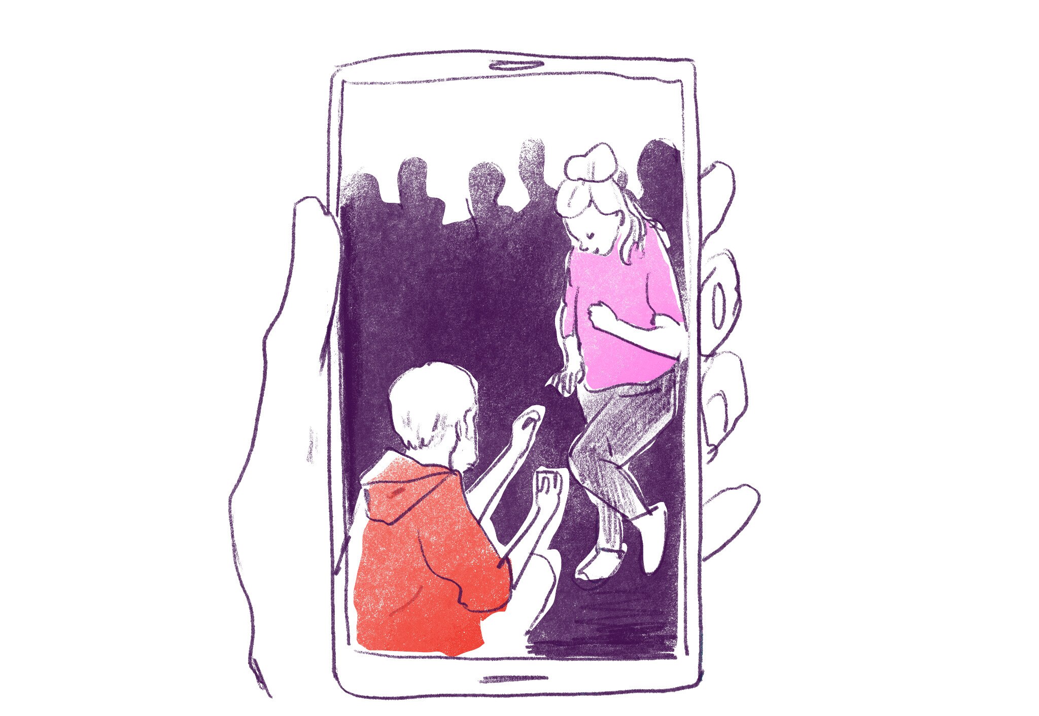 A phone, held in a hand, shows a proposal taking place on screen. A man kneels down before a woman. 