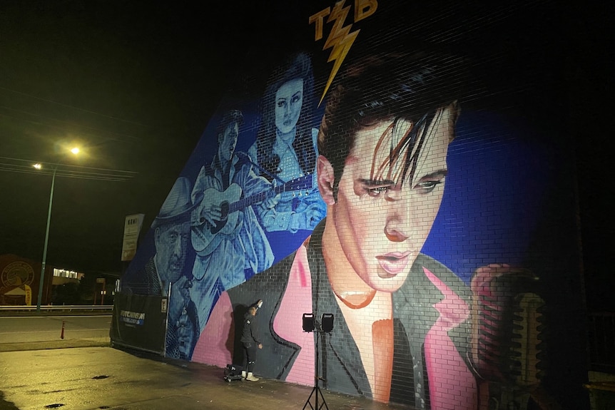A large mural of Elvis on a brick wall
