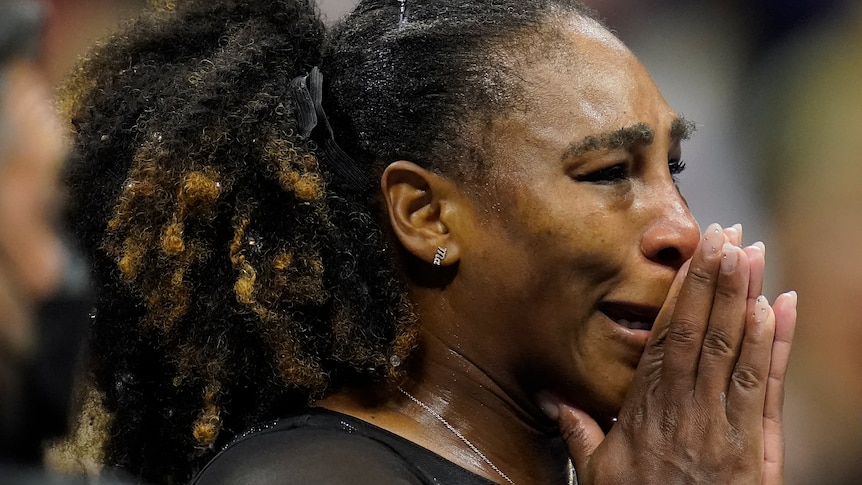 Serena Williams reacts after being knocked out of the US Open