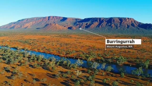 Outback landscape with mountains, text overlay reads "Burringurrah, Mount Augustus, WA"