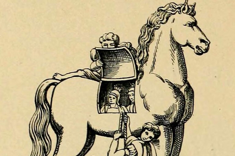 Historic black and white illustration of the Trojan Horse.