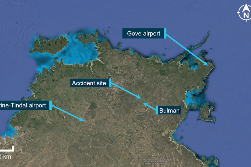 A map of the top end of the Northern Territory, showing where the crash happened between Gove and Katherine airports
