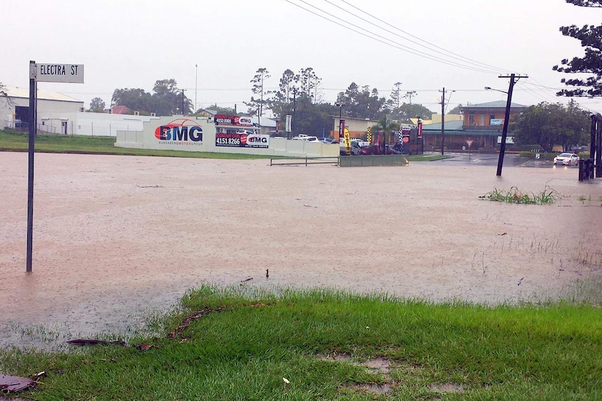 Electra and Targo streets underwater in Bundaberg late this morning