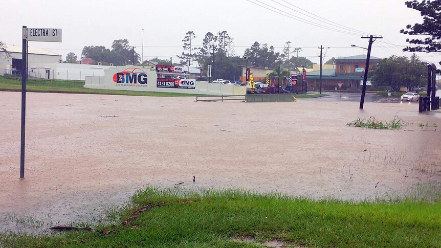 Electra and Targo streets underwater in Bundaberg late this morning