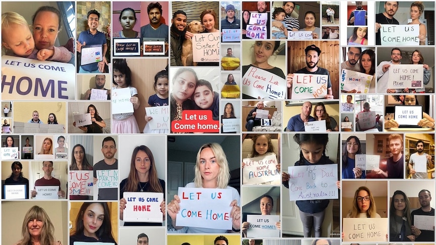 Collage of 50 people holding placards asking to come home to australia