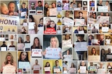 Collage of 50 people holding placards asking to come home to australia