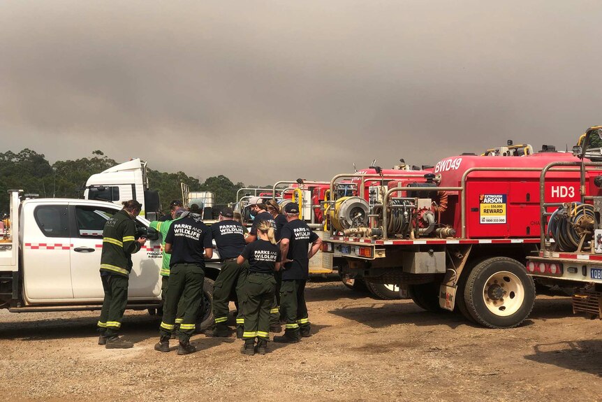 Firefighters huddle around one another near fire trucks and other emergency services vehicles in a paddock.